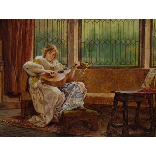 793 - Edgar Bundy (1862 - 1922), woman with guitar, oil on canvas, signed and dated 1891, 35cm x 46cm, fra... 