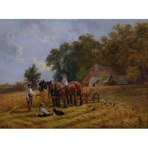 795 - Harvest scene, oil on canvas laid on board, signed with monogram dated 1900, 40cm x 53cm, framed