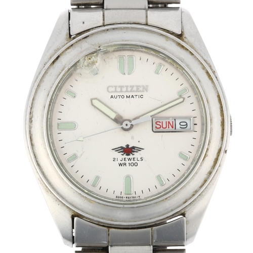 1030 - CITIZEN - a stainless steel WR100 Day/Date automatic bracelet watch, ref. 4-R101 RC, silvered dial w... 