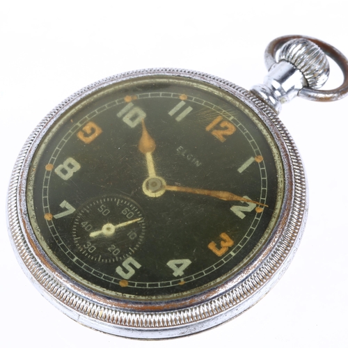 1053 - ELGIN - a Second World War Period nickel plated open-face keyless pocket watch, black dial with Arab... 