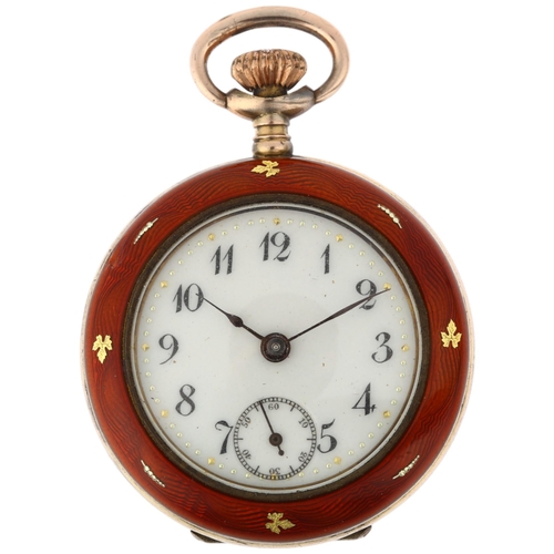 1060 - A Continental silver-gilt red enamel open-face keyless fob watch, white enamel dial with hand painte... 