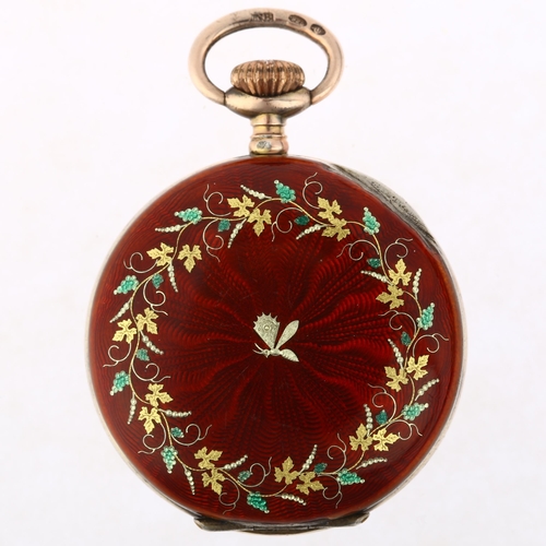 1060 - A Continental silver-gilt red enamel open-face keyless fob watch, white enamel dial with hand painte... 