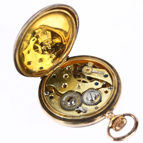 1060 - A Continental silver-gilt red enamel open-face keyless fob watch, white enamel dial with hand painte... 