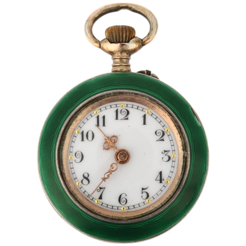 1061 - A Swiss green enamel open-face keyless fob watch, white enamel dial with hand painted Arabic numeral... 