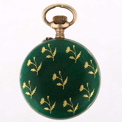 1061 - A Swiss green enamel open-face keyless fob watch, white enamel dial with hand painted Arabic numeral... 