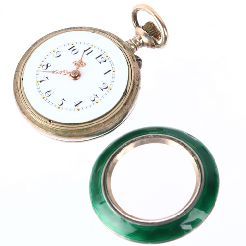 1061 - A Swiss green enamel open-face keyless fob watch, white enamel dial with hand painted Arabic numeral... 