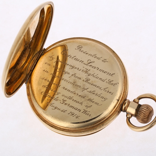 1062 - MILITARY INTEREST - WALTHAM - a gold plated half hunter keyless side-wind pocket watch, white enamel... 