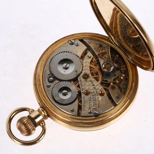 1062 - MILITARY INTEREST - WALTHAM - a gold plated half hunter keyless side-wind pocket watch, white enamel... 