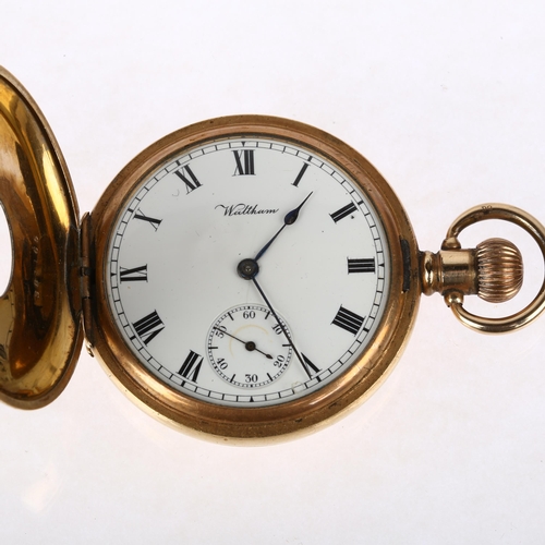 1062 - MILITARY INTEREST - WALTHAM - a gold plated half hunter keyless side-wind pocket watch, white enamel... 