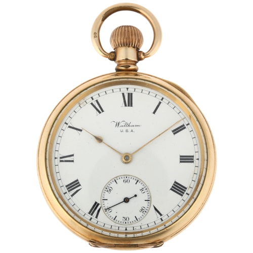 1063 - WALTHAM - an American gold plated open-face keyless pocket watch, white enamel dial with Roman numer... 