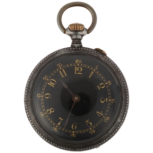 1064 - An early 20th century Swiss gun-metal open-face keyless fob watch, by Gustave Badollet, black enamel... 