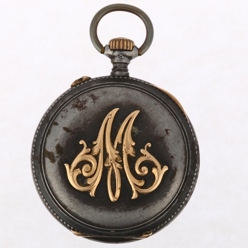 1064 - An early 20th century Swiss gun-metal open-face keyless fob watch, by Gustave Badollet, black enamel... 