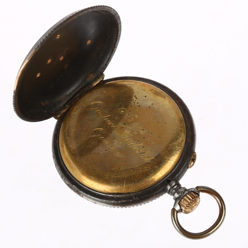 1064 - An early 20th century Swiss gun-metal open-face keyless fob watch, by Gustave Badollet, black enamel... 