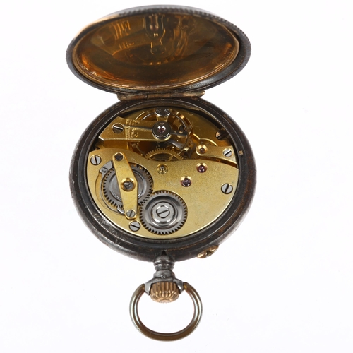 1064 - An early 20th century Swiss gun-metal open-face keyless fob watch, by Gustave Badollet, black enamel... 