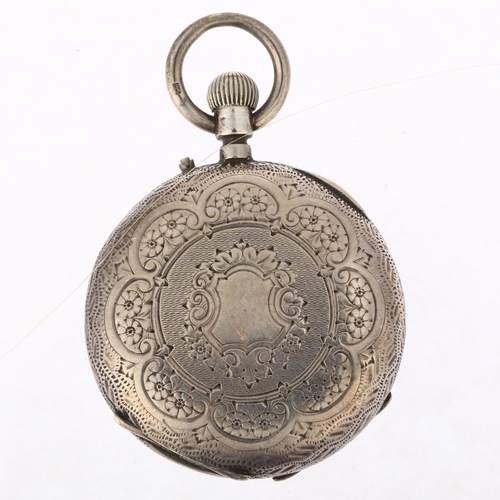 1065 - A 19th century silver open-face keyless fob watch, hand painted floral white enamel dial with Arabic... 