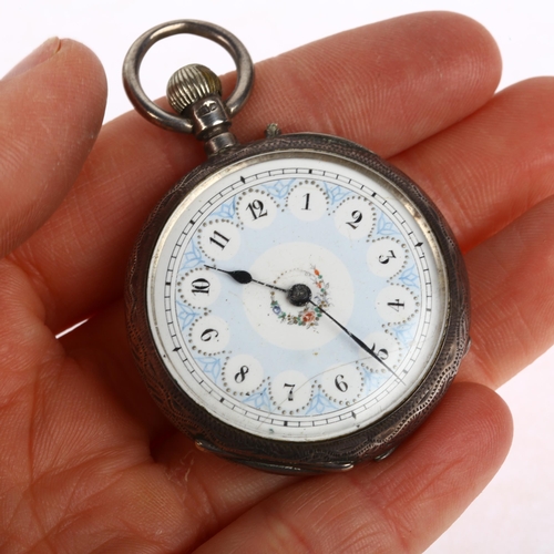 1065 - A 19th century silver open-face keyless fob watch, hand painted floral white enamel dial with Arabic... 