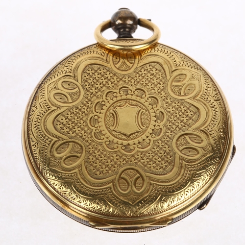 1066 - A Continental 18ct gold open-face key-wind slimline pocket watch, circa 1900, floral engraved gilded... 