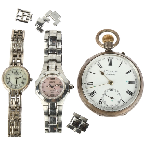 1071 - 3 watches, including lady's Seiko Coutura, and J W Benson silver pocket watch (3)