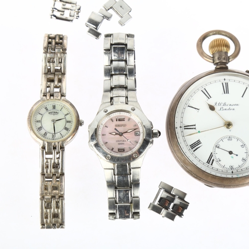 1071 - 3 watches, including lady's Seiko Coutura, and J W Benson silver pocket watch (3)