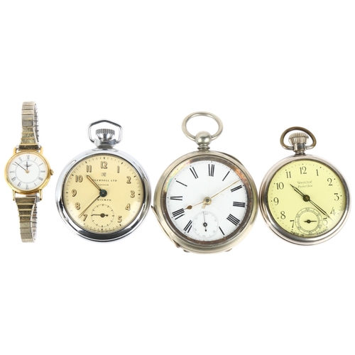 1076 - 4 watches, including Swiss nickel pocket watch, Ingersoll Triumph, Longines, etc (4)