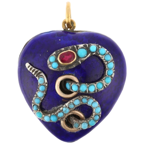 1100 - A fine ruby turquoise and blue enamel snake heart pendant, modelled as a snake slithering through ho... 