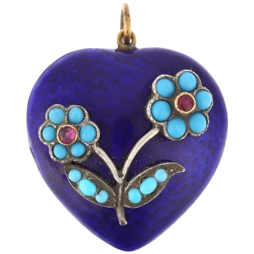 1102 - A fine ruby turquoise and blue enamel floral heart pendant, central floral motif on blue enamel grou... 