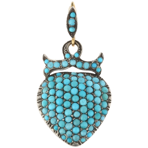 1103 - A Victorian turquoise heart drop pendant, circa 1880, pave set with round cabochon turquoise, appare... 