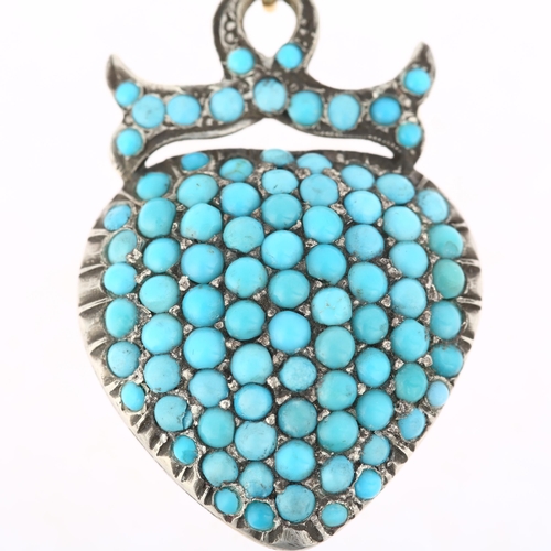 1103 - A Victorian turquoise heart drop pendant, circa 1880, pave set with round cabochon turquoise, appare... 