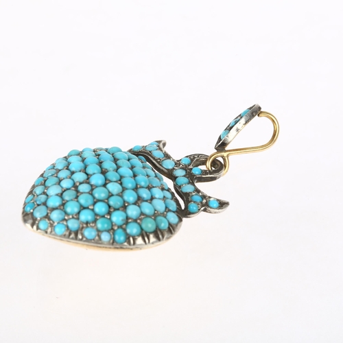 1103 - A Victorian turquoise heart drop pendant, circa 1880, pave set with round cabochon turquoise, appare... 