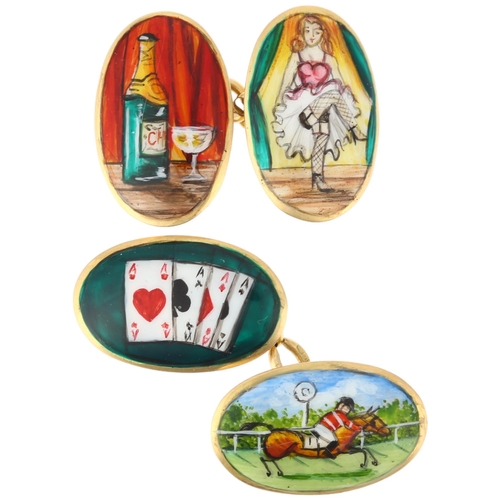 1105 - A pair of early 20th century 18ct gold and enamel novelty 'Four Vices' cufflinks, by Saunders & Shep... 