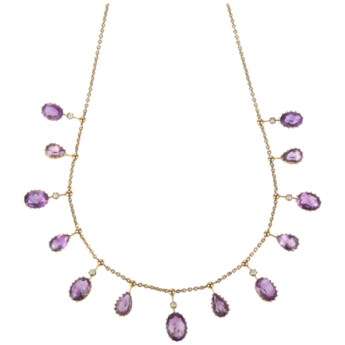 1108 - An Edwardian amethyst and split pearl fringe necklace, circa 1910, each offset drop claw set with ov... 