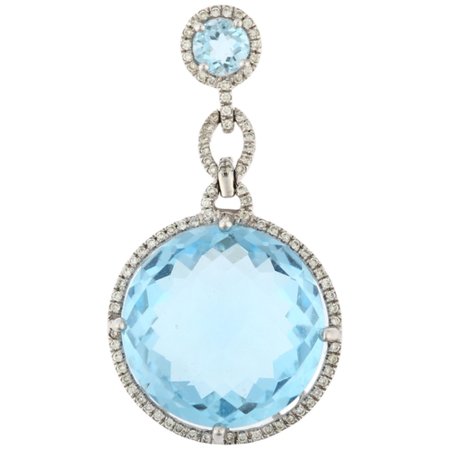 1112 - A modern 14ct white gold aquamarine and diamond cable drop pendant, maker RJM, claw set with round b... 