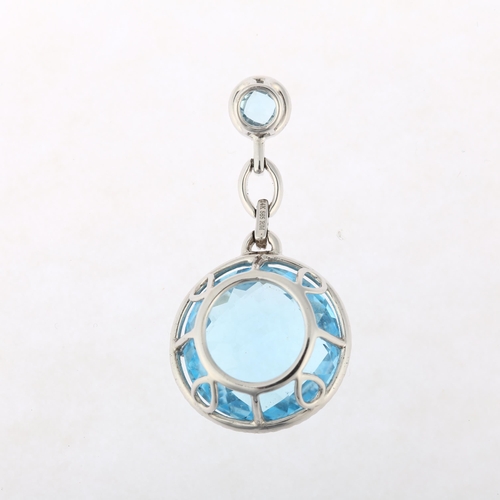 1112 - A modern 14ct white gold aquamarine and diamond cable drop pendant, maker RJM, claw set with round b... 