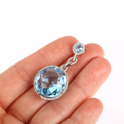 1112 - A modern 14ct white gold aquamarine and diamond cable drop pendant, maker RJM, claw set with round b... 