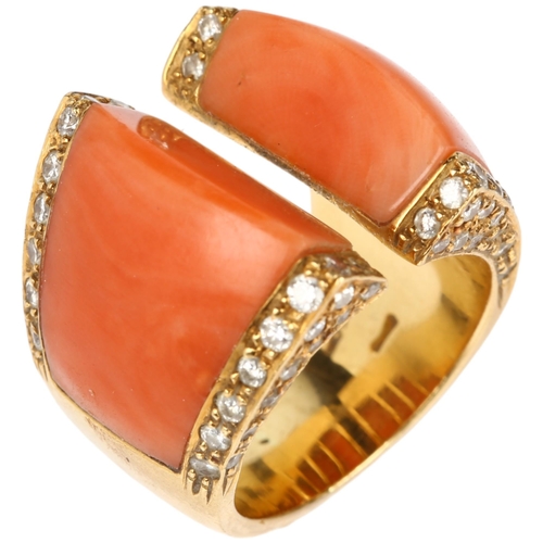 1114 - An Italian 18ct gold coral and diamond torque ring, pave set with modern round brilliant-cut diamond... 