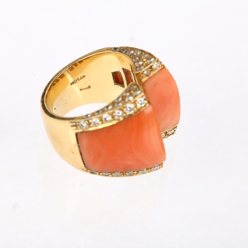 1114 - An Italian 18ct gold coral and diamond torque ring, pave set with modern round brilliant-cut diamond... 