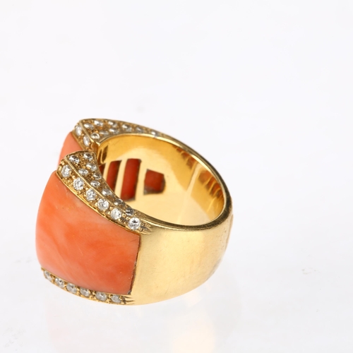 1114 - An Italian 18ct gold coral and diamond torque ring, pave set with modern round brilliant-cut diamond... 