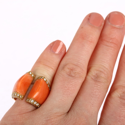 1114 - An Italian 18ct gold coral and diamond torque ring, pave set with modern round brilliant-cut diamond... 