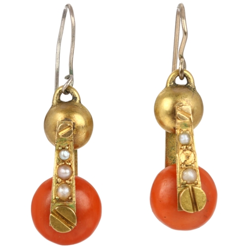 1115 - A pair of Victorian coral and pearl drop earrings, circa 1880, each set with coral bead, split pearl... 