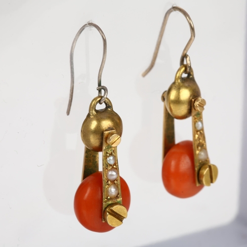 1115 - A pair of Victorian coral and pearl drop earrings, circa 1880, each set with coral bead, split pearl... 