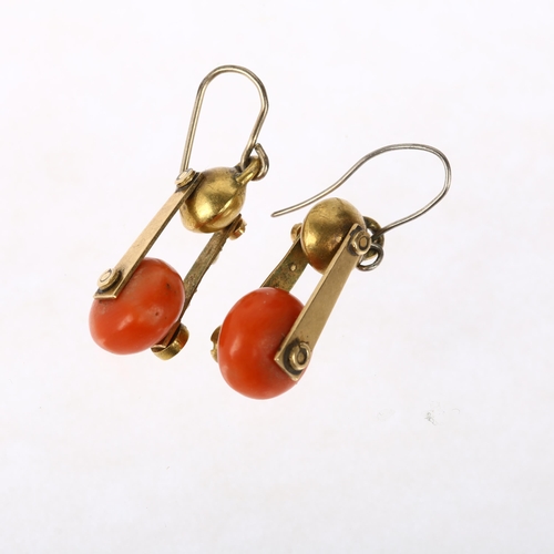 1115 - A pair of Victorian coral and pearl drop earrings, circa 1880, each set with coral bead, split pearl... 