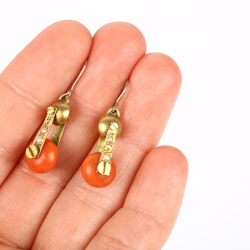 1115 - A pair of Victorian coral and pearl drop earrings, circa 1880, each set with coral bead, split pearl... 