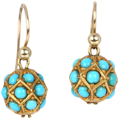 1117 - A pair of Victorian turquoise faceted ball drop earrings, set with round cabochon turquoise, with sh... 