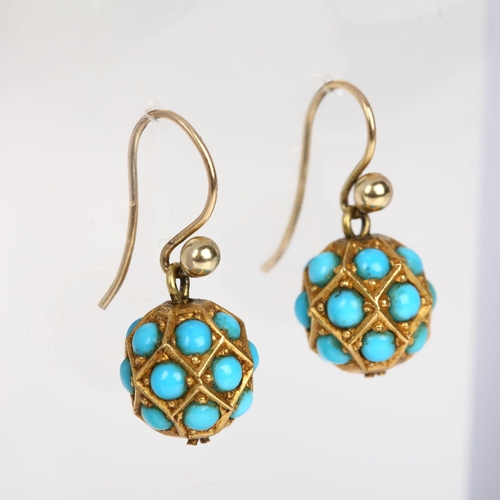 1117 - A pair of Victorian turquoise faceted ball drop earrings, set with round cabochon turquoise, with sh... 