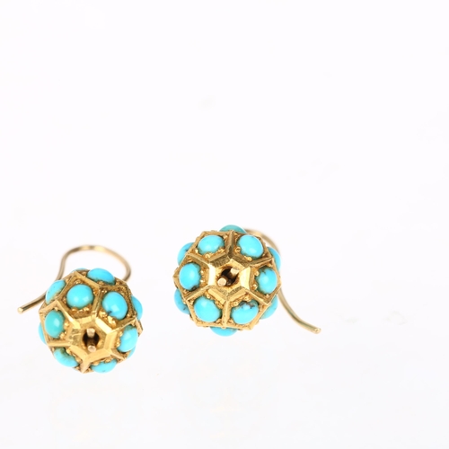 1117 - A pair of Victorian turquoise faceted ball drop earrings, set with round cabochon turquoise, with sh... 