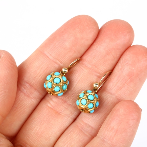 1117 - A pair of Victorian turquoise faceted ball drop earrings, set with round cabochon turquoise, with sh... 