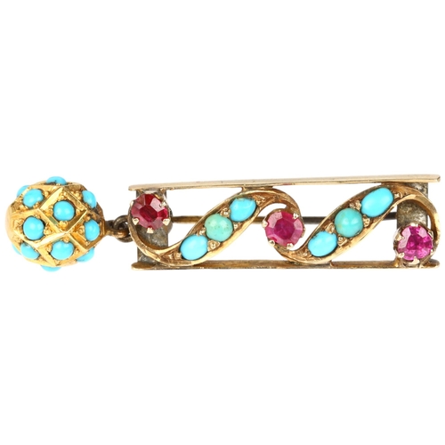 1118 - A Victorian ruby and turquoise openwork drop brooch, claw set with round-cut rubies and cabochon tur... 