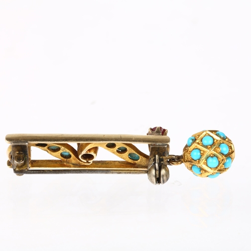 1118 - A Victorian ruby and turquoise openwork drop brooch, claw set with round-cut rubies and cabochon tur... 