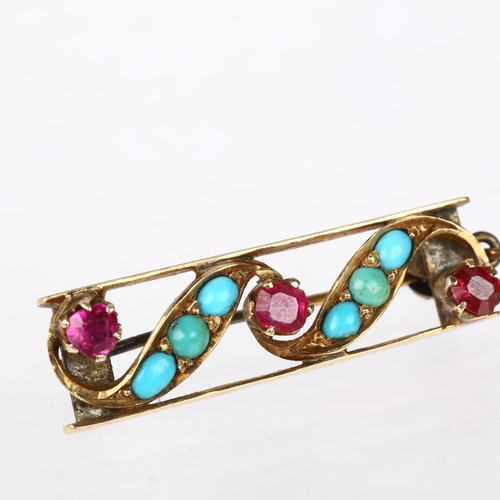 1118 - A Victorian ruby and turquoise openwork drop brooch, claw set with round-cut rubies and cabochon tur... 