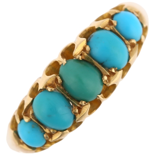 1119 - An early 20th century 18ct gold graduated five stone turquoise half hoop ring, maker TLM, Birmingham... 